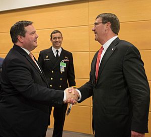 U.S. Secretary of Defense Ash Carter meets Canadian Minister of National Defense Jason Kenney at NATO Headquarters in Brussels, Belgium