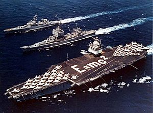 USS Enterprise (CVAN-65), USS Long Beach (CGN-9) and USS Bainbridge (DLGN-25) underway in the Mediterranean Sea during Operation Sea Orbit, in 1964