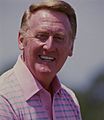 Vin Scully, Dodgers announcer, at Dodgertown in Vero Beach, Florida for Spring Training, 1985 (cropped) (cropped)