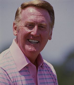 Vin Scully, Dodgers announcer, at Dodgertown in Vero Beach, Florida for Spring Training, 1985 (cropped) (cropped).jpg