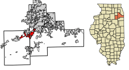 Location of Channahon in Grundy and Will Counties, Illinois.
