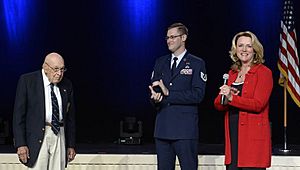 -Deborah Lee James announces the name of the Air Force's newest bomber, the B-21 Raider, with the help of retired Lt. Col. Richard Cole, one of the Doolittle Raiders
