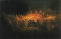 Horsemen holding torches in a camp of tents