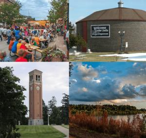 Top left clockwise: Downtown Cedar Falls, Cedar Falls Ice House, Big Woods Lake Recreation Area, and Campanile on the University of Northern Iowa campus