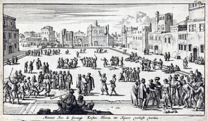 Christelijke gevangenen worden op een plein te Algiers als slaaf verkocht, Jan Luyken, 1684