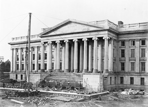 Construction of the United States Treasury Building, Washington, D.C., showing construction of the front steps
