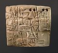 Cuneiform tablet- administrative account of barley distribution with cylinder seal impression of a male figure, hunting dogs, and boars MET DT847