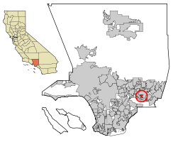 Location of Valinda in Los Angeles County, California.