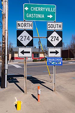 Directional signs of NC 274, at the end of NC 161, in Bessemer City