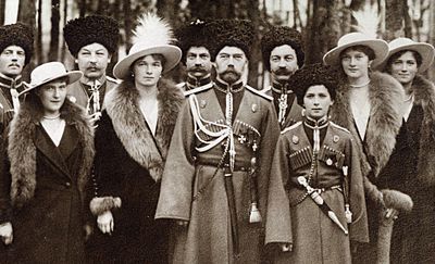 Nicholas II and children with Cossacks of the Guard, cropped