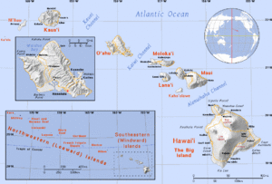 Map showing the Hawaaiian Islands with inset close ups of some areas