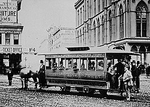 SF Woodwards-Gardens-no-14-horsecar-at-Post-and-Market-1860s