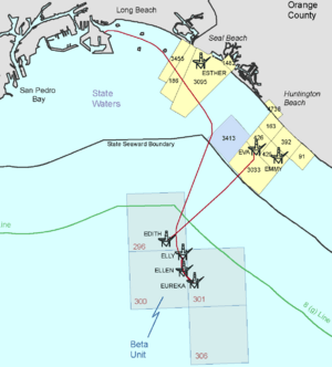 San Pedro Bay Outer Continental Shelf Operations Map, 2012 - producing platforms as of 2012 are Edith, Elly, Ellen, Eureka (federal leases) and Ester, Emmy, Eva (state leases) (cropped)