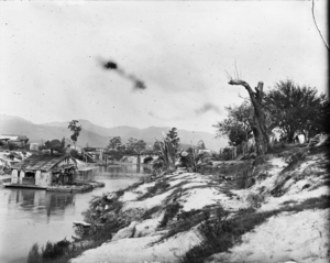 Scene alongside the Ohinemuri River, near Paeroa, with a goldmining dredge ATLIB 252511