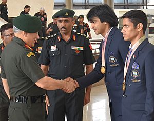 The Chief of Army Staff, General Bipin Rawat congratulating Nb. Sub. Neeraj Chopra, Gold Medallist (Javelin Throw) and Hav. Gaurav Solanki, Gold medallist (Boxing) for their outstanding performance in Commonwealth Games 2018