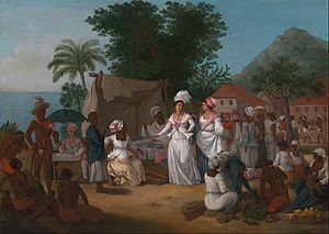 Agostino Brunias - A Linen Market with a Linen-stall and Vegetable Seller in the West Indies - Google Art Project
