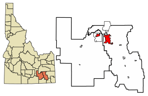 Location of Pocatello in Bannock County and Power County, Idaho.