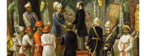 Detail from the painting of the Maharaja of Travancore and his brother welcoming 3rd Duke of Buckingham and Chandos (1823-1889), Trivandrum 1880, painted by Raja Ravi Varma