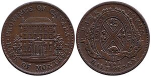 Halfpenny token, 1844 - Province of Canada, Bank of Montreal