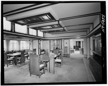 Historic American Buildings Survey, Hans Padelt, Photographer Winter 1968 (2 1-4' x 2 3-4' negative), FIRST FLOOR, GENERAL VIEW OF DINING ROOM WITH FURNITURE DESIGNED BY FRANK HABS NY,28-ROCH,29-5