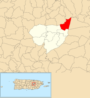 Location of Jagüeyes within the municipality of Aguas Buenas shown in red