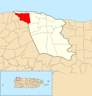 Location of Jobos within the municipality of Isabela shown in red