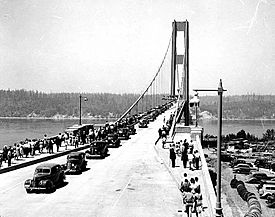 Opening day of the Tacoma Narrows Bridge, Tacoma, Washington.jpg