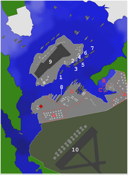 Map of Pearl Harbor, with locations of battleships and facilities