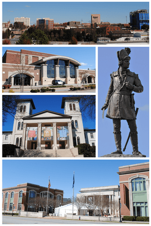 Top, left to right: Spartanburg skyline, Spartanburg Memorial Auditorium, Wofford College, Daniel Morgan Monument, Chapman Cultural Center