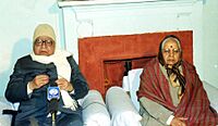 The Kalyanmitra Satyanarayan Goenka who brought Vipassana Meditation technique to India after 2500 years is seen with his wife while speaking at a talk on "Values in Education - Good Governance through Vipassana Meditation" in.jpg