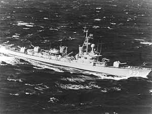 USS Barry (DD-933) during Mk 86 gun fire control system trails in 1966