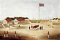 'View of the Honolulu Fort - Interior', oil on canvas painting by Paul Emmert, c. 1853, Hawaii Historical Society