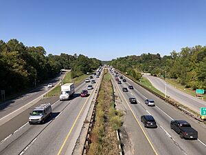 2022-10-07 14 07 07 View north along Interstate 476 (Mid-County Expressway-"Blue Route") from the overpass for Plush Mill Road in Nether Providence Township, Delaware County, Pennsylvania