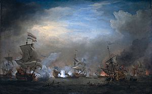 Battle of Texel August 21 1673 (Slag bij Kijkduin) - Nightly battle between Cornelis Tromp and Eward Spragg (Willem van de Velde II, 1707)