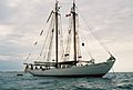 Bowdoin at anchor, sails furled, in calm seas.