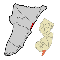 Sea Isle City highlighted in Cape May County. Inset map: Cape May County highlighted in the State of New Jersey.