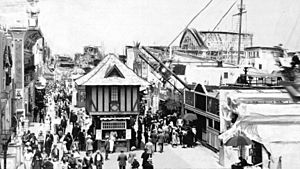 Crowds outside at the Venice Beach Amusement Park in Venice, between Seventeenth Street and Thirty-fourth Street along the ocean front, ca.1900-1920 (examiner-m3800)