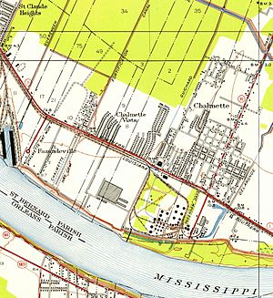 1951 United States Geological Survey map showing Fazendeville and its geographic relationship to the Chalmette Battleground and the town of Chalmette. Fazendeville was located on land that had been a portion of the battlefield of The Battle of New Orleans, between the Chalmette National Cemetery and the Chalmette monument.