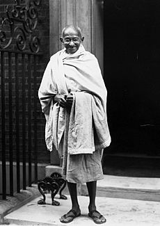 Gandhi outside 10 Downing Street, London