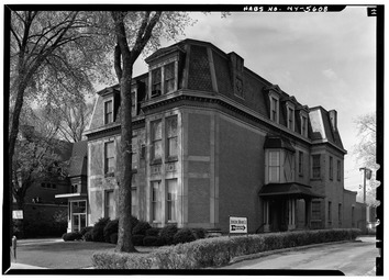 Historic American Buildings Survey, May 1965, NORTHEAST ELEVATION SHOWING EAST (FRONT) FACADE AND NORTH (MAIN) PORTAL. - William Dorsheimer House, 438 Delaware Avenue, Buffalo, Erie HABS NY,15-BUF,2-1