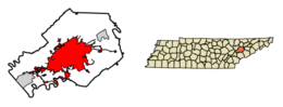 Location of Knoxville in Knox County, Tennessee.