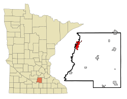 Location of Le Sueurwithin Le Sueur and Sibley Countiesin the state of Minnesota