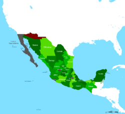 Mexico in 1853. Grey area represents Baja California and red area represents the 1854 Gadsden Purchase.