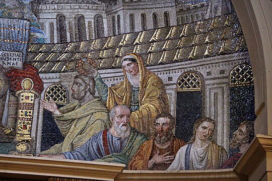 Mosaico di cristo in trono tra gli apostoli e le ss. prudenziana e prassede, 410 dc ca. 06