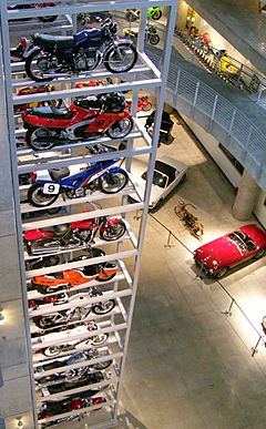 Motorcycle stack display in Barber Vintage Motorsports Museum