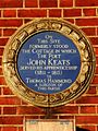 On this site formerly stood the cottage in which the poet John Keats served his apprenticeship (1811 – 1815) to Thomas Hammond a surgeon of this parish