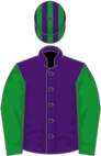 Purple, green sleeves, striped cap