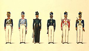 Painting of six figures depicting military uniforms