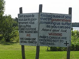 Sign marking the property claimed by Jackie Vautour at Kouchibouguac National Park (2010)