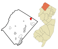 Map of Vernon Valley highlighted within Sussex County. Right: Location of Sussex County highlighted within New Jersey.